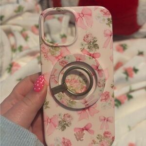 Floral Pink iPhone 15 Phone Case with Ring Holder